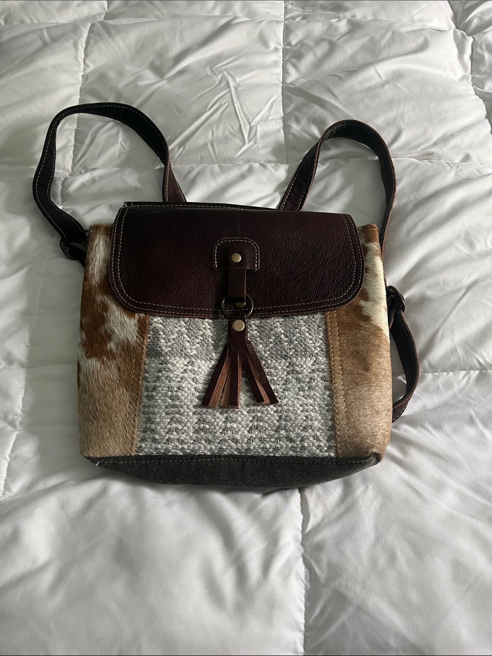 Myra Bag Brown Leather, Tan & Cream Patchwork Crossbody with Tassel